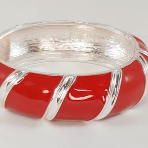 Enamel Bangle Bracelet Wide Clamper Red & Silver